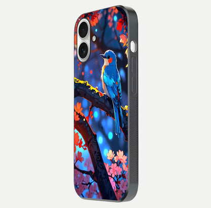 Blooming Spendor Bird Glass Case for iPhone 17 side-angle photo showing floral wings and reflection finish