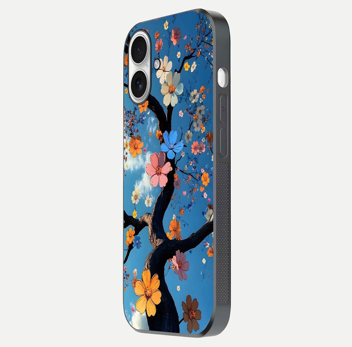 Blossom Dream Sky Glass Case for iPhone 17 side-angle photo showing flower details, edge curve, and reflection shine