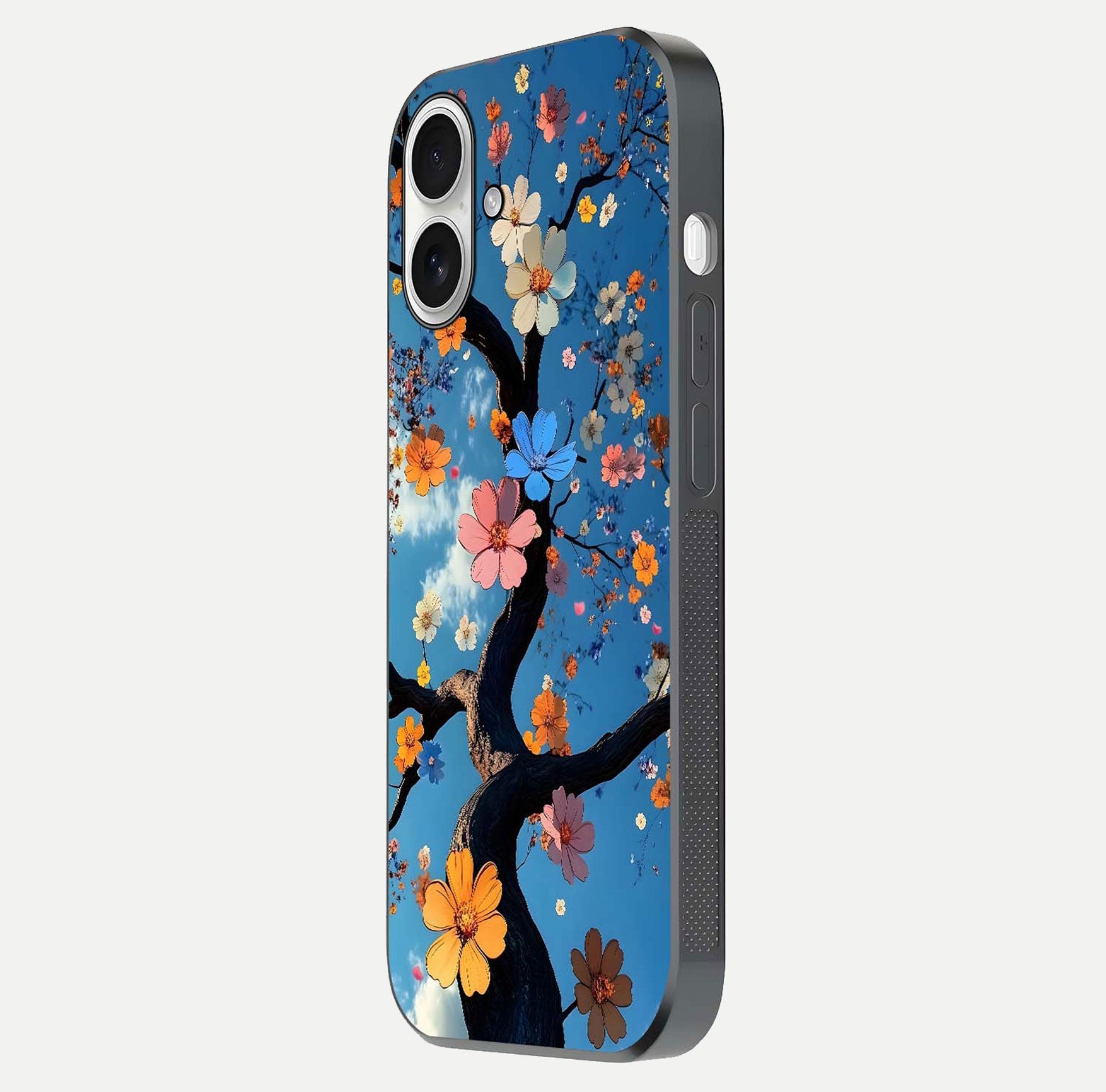 Blossom Dream Sky Glass Case for iPhone 17 side-angle photo showing flower details, edge curve, and reflection shine
