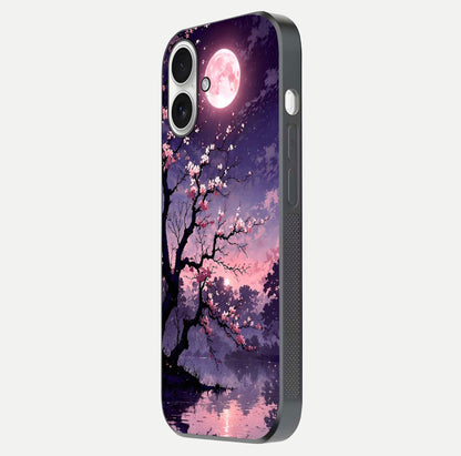 Blossom Pink Moon Glass Case for iPhone 17 side-angle image showing glossy curve and floral-moon balance