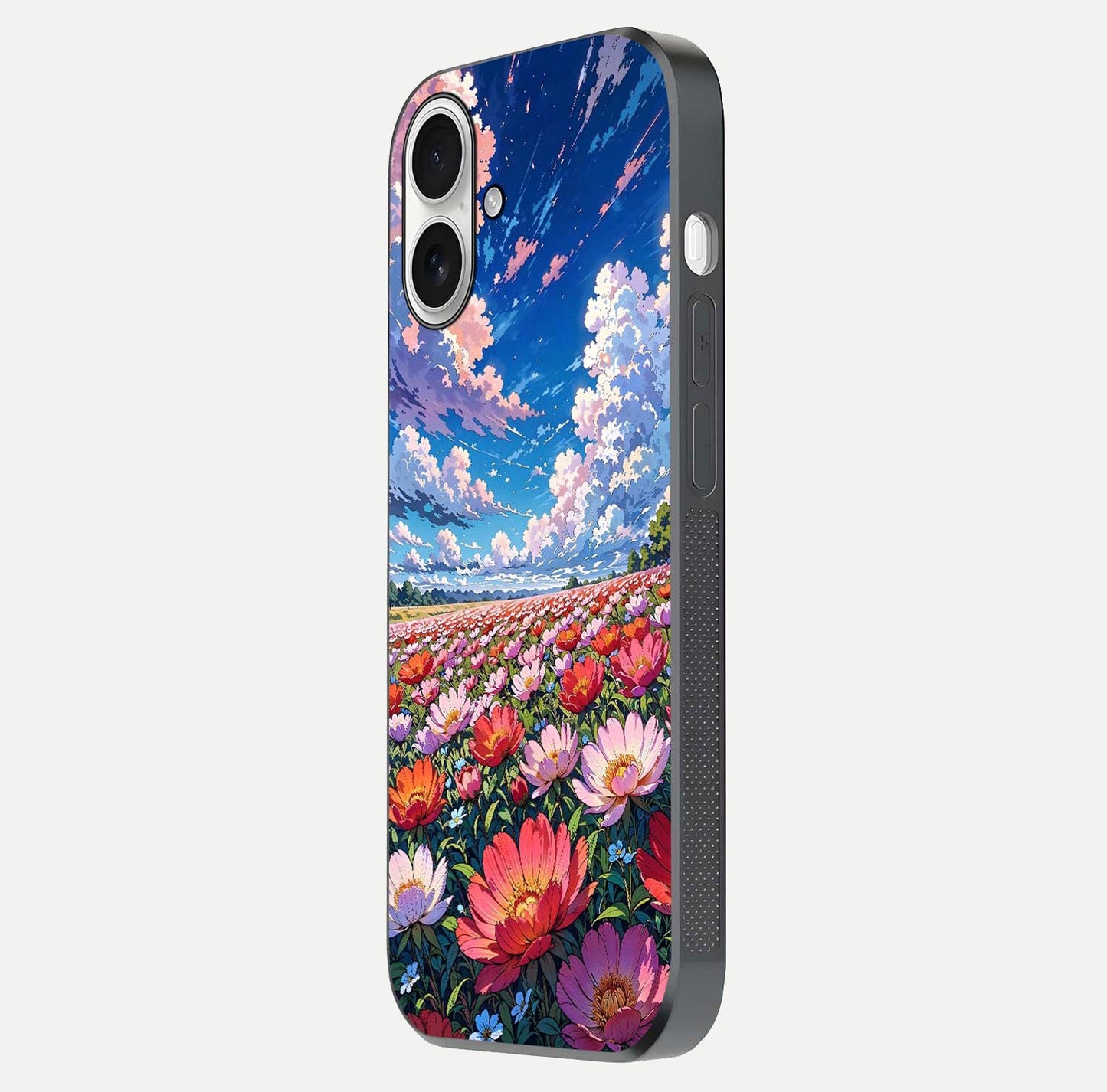 Blossom Sky Field Glass Case for iPhone 17 side-angle showing sky hues, blossom texture, and reflective shine