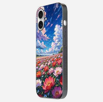 Blossom Sky Field Glass Case for iPhone 17 side-angle showing sky hues, blossom texture, and reflective shine