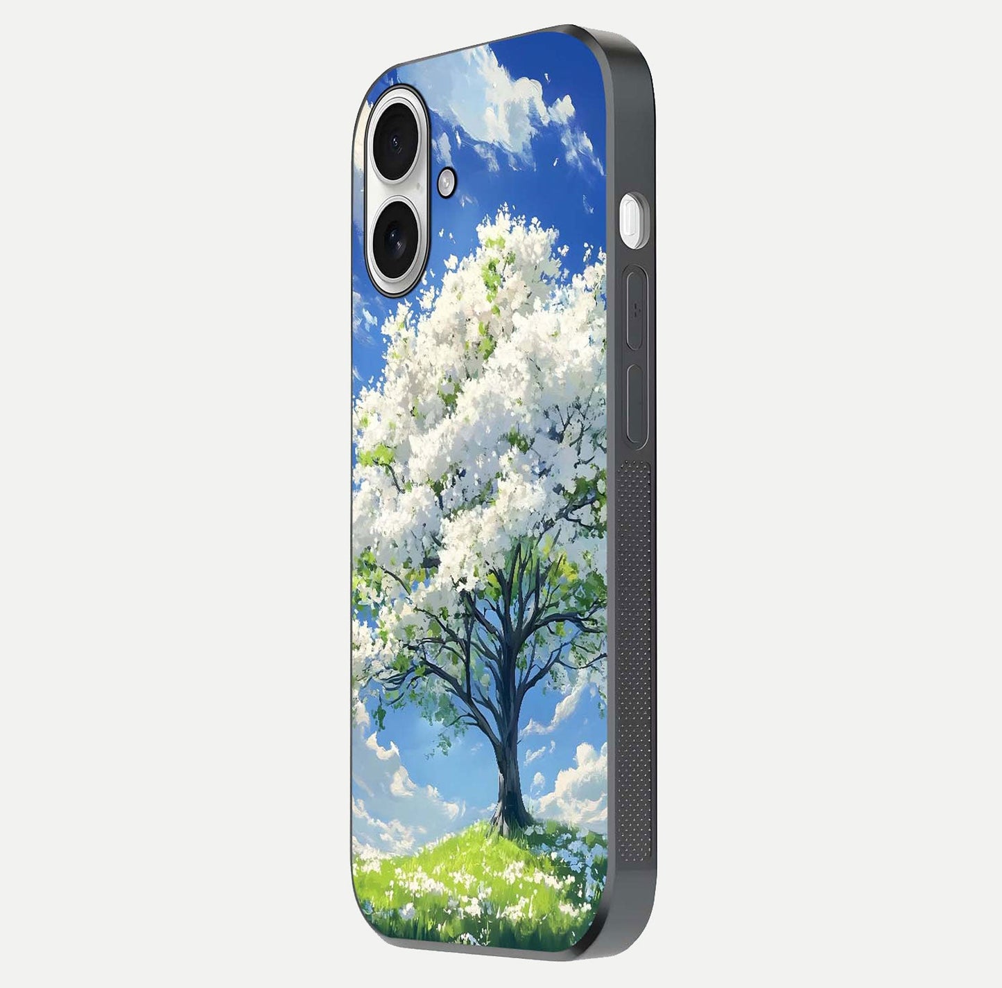 Blossom Sky Serenity Glass Case for iPhone 17 side-angle image showing elegant edge flow and light reflection