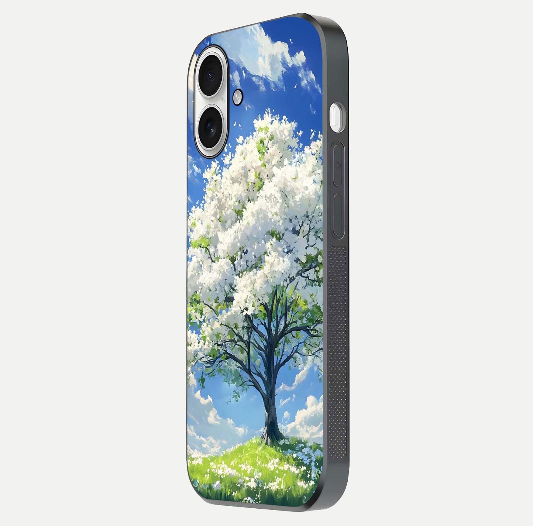 Blossom Sky Serenity Glass Case for iPhone 17 side-angle image showing elegant edge flow and light reflection