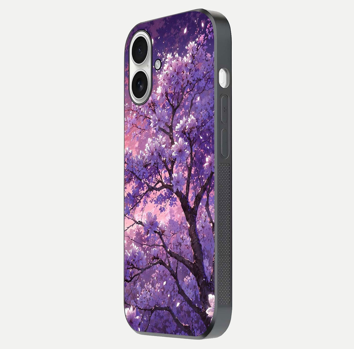 Blossom Tree Glass Case for iPhone 17 side-angle image showing floral tree artwork and reflection gloss