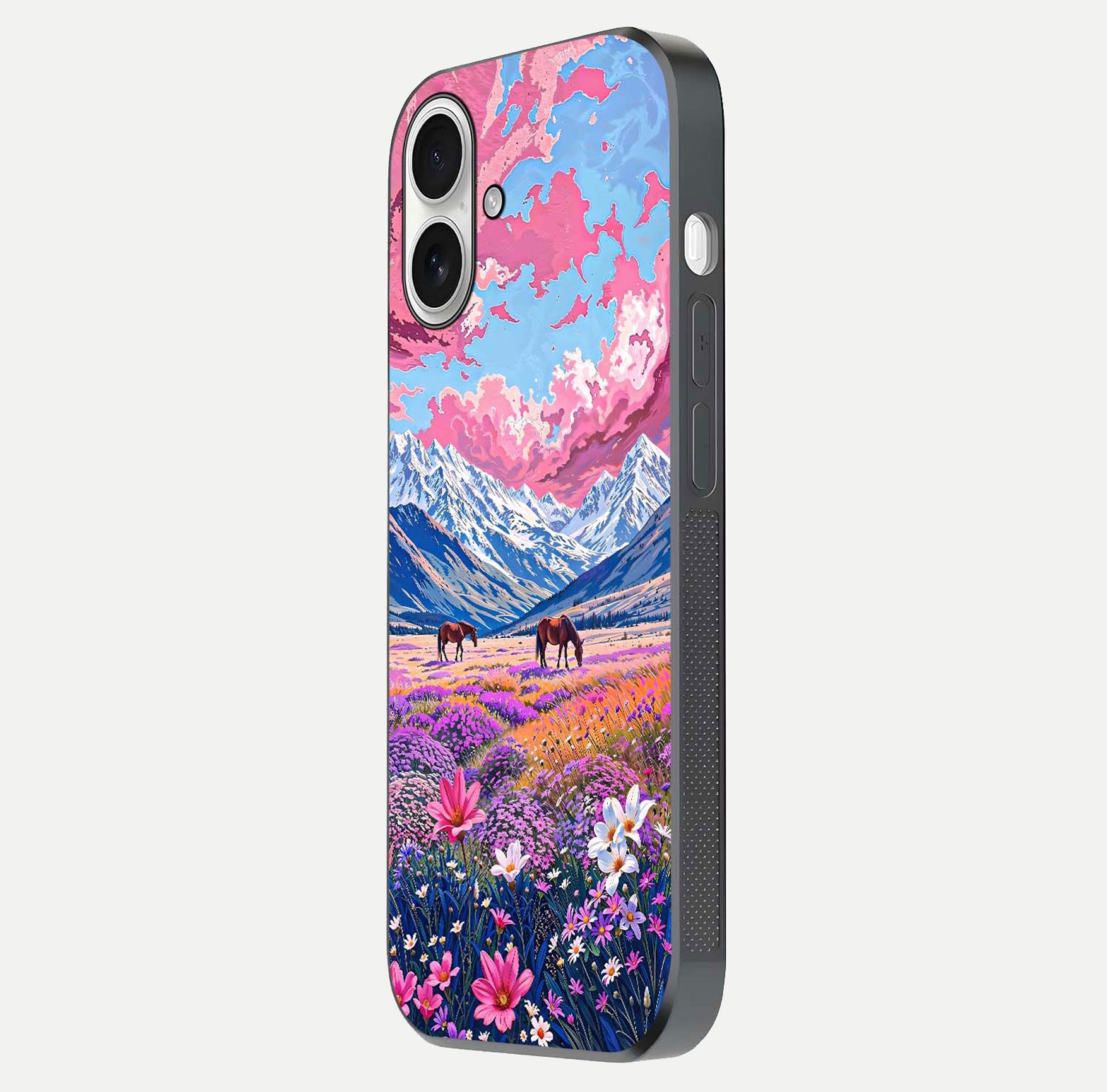 Blossom Valley Dream Glass Case for iPhone 17 side-angle shot showcasing bloom tones and gloss texture