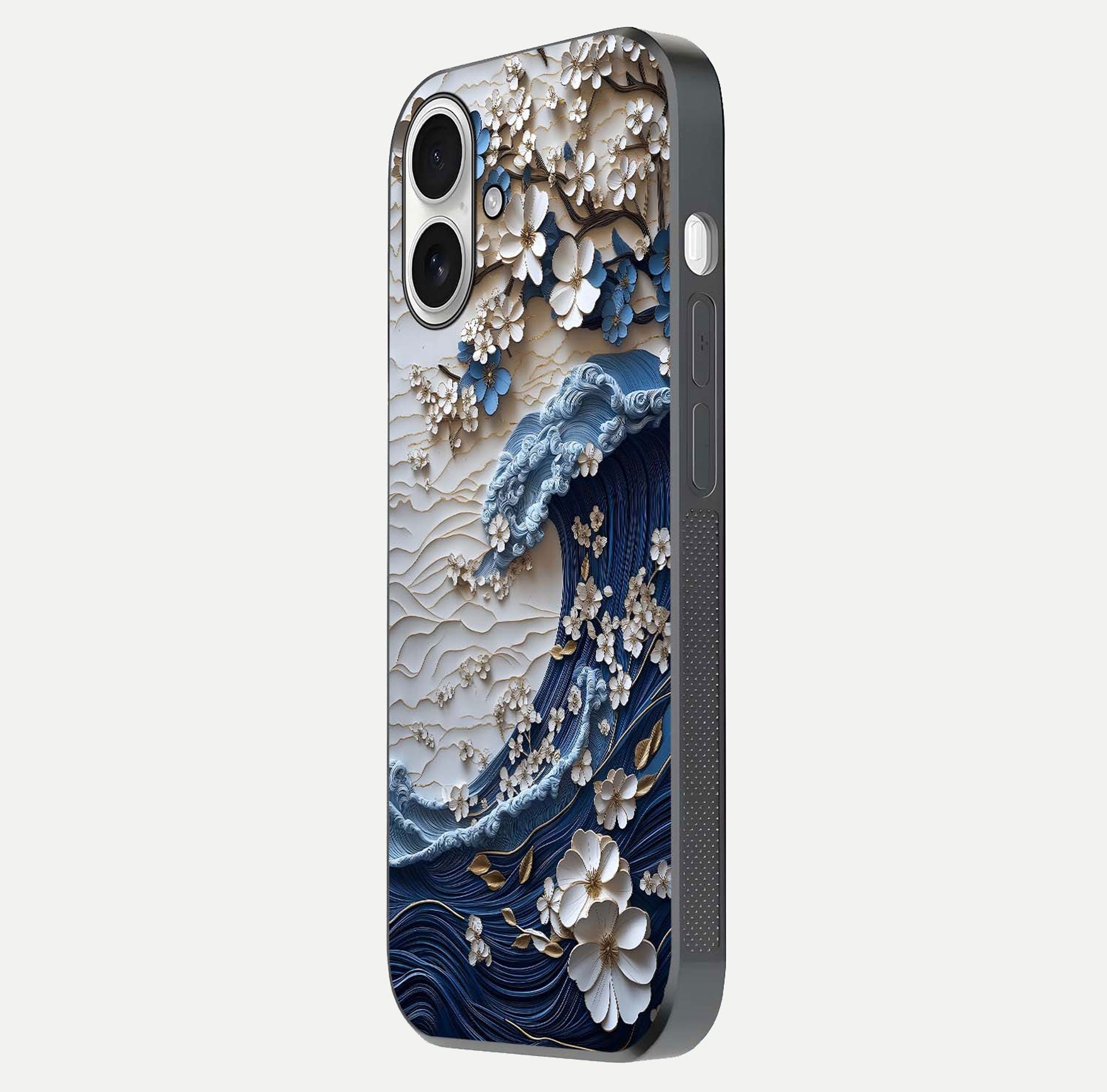 Blossom Wave Art Glass Case for iPhone 17 side-angle view showing wave-flow print and gloss edge finish