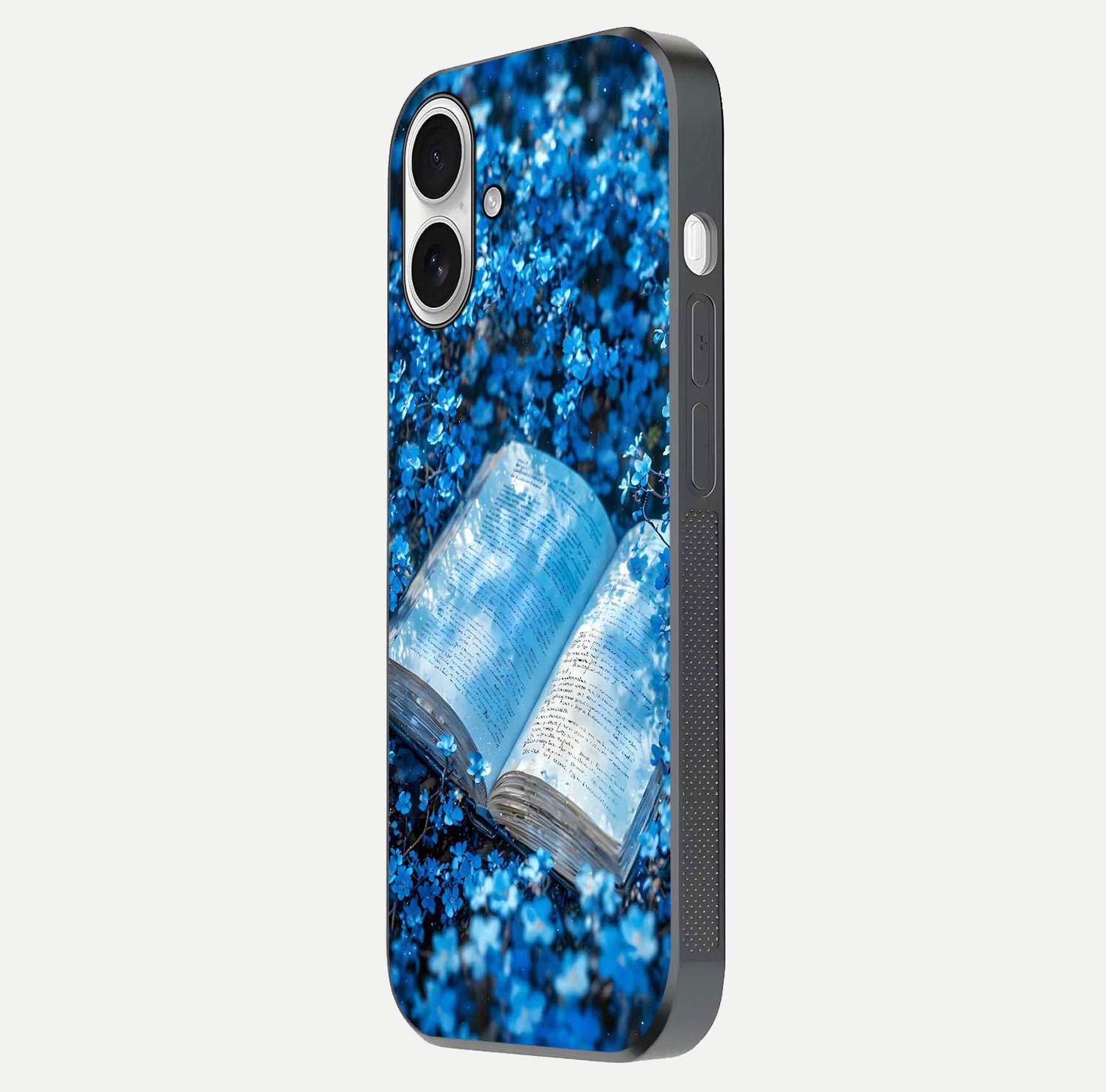 Blue Bloom Tales Glass Case for iPhone 17 side-angle image showing blue floral pattern and glossy finish