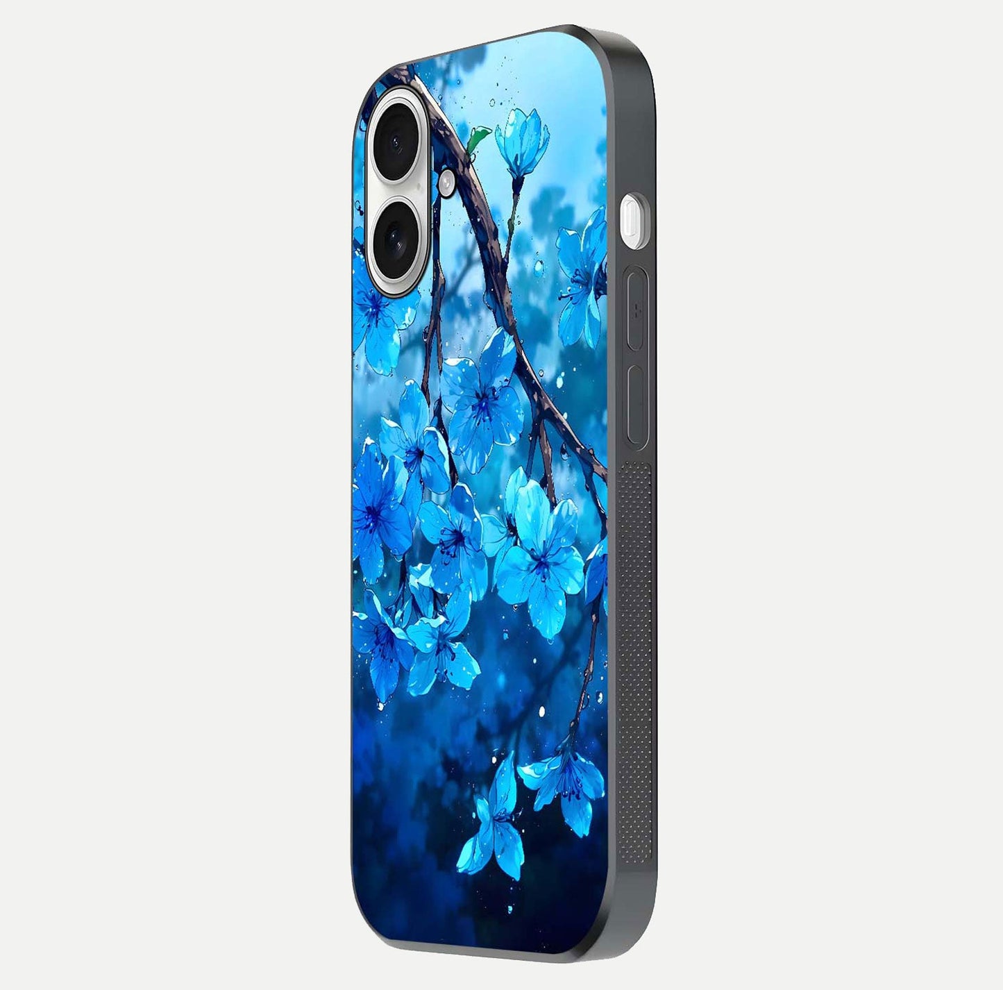 Blue Blossoms Branch Glass Case for iPhone 17 side-angle image showing blossom pattern flow and glossy texture