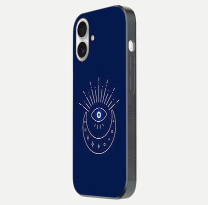 Blue Evil Eye Glass Case for iPhone 17 side-angle view showing edge glow, color balance, and reflective surface