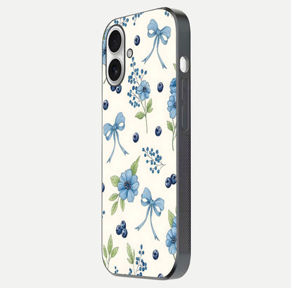 Blue Flower & Bow Glass Case for iPhone 17 side-angle image showing bow-floral mix and HD finish shine