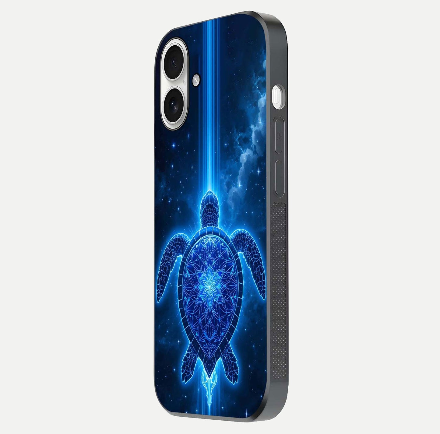 Blue Galaxy Turtle Glass Case for iPhone 17 side-angle photo capturing galaxy shine and smooth edge design