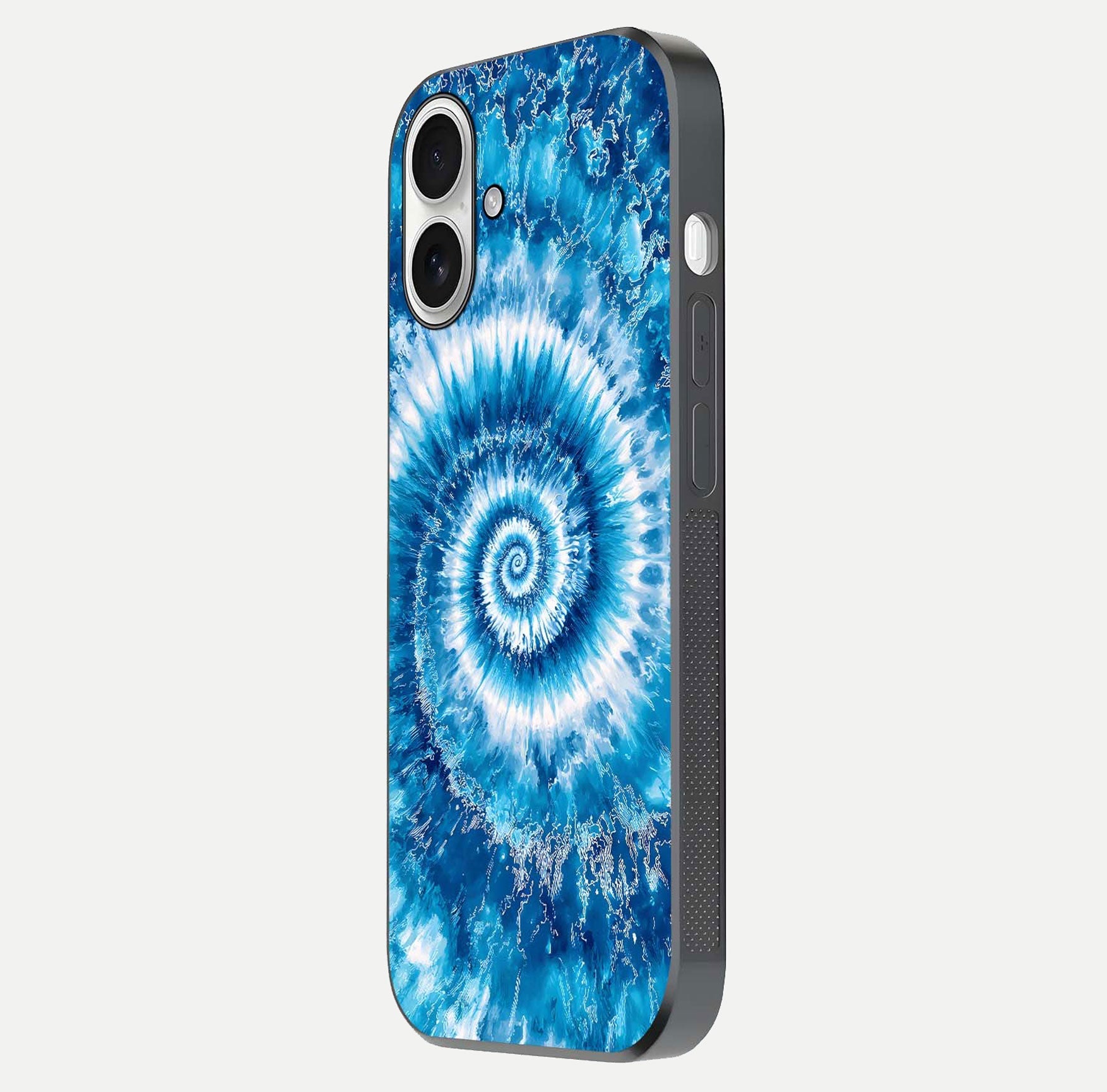 Blue Galaxy Wave Glass Case for iPhone 17 side-angle image showing wave ripple art and glass gloss