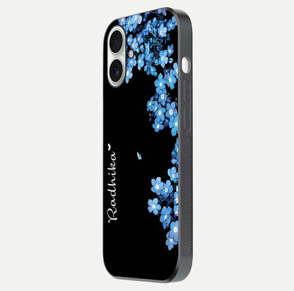 Blue Petal Dream Custom Name Glass Case for iPhone 17 side-angle image showing name print clarity and smooth gloss