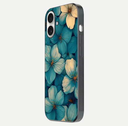 Blue Shade Floral Glass Case for iPhone 17 side-angle photo showing detailed floral hues and curved glass shine