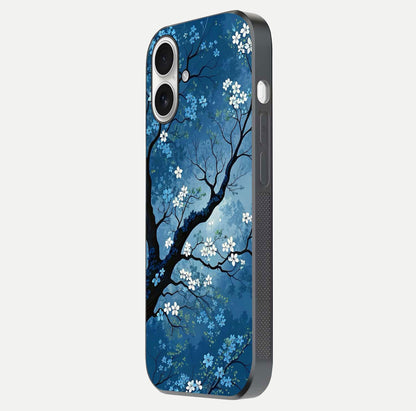 Blue Tree Serenity Glass Case for iPhone 17 side-angle shot showing glossy edge and tree pattern reflection