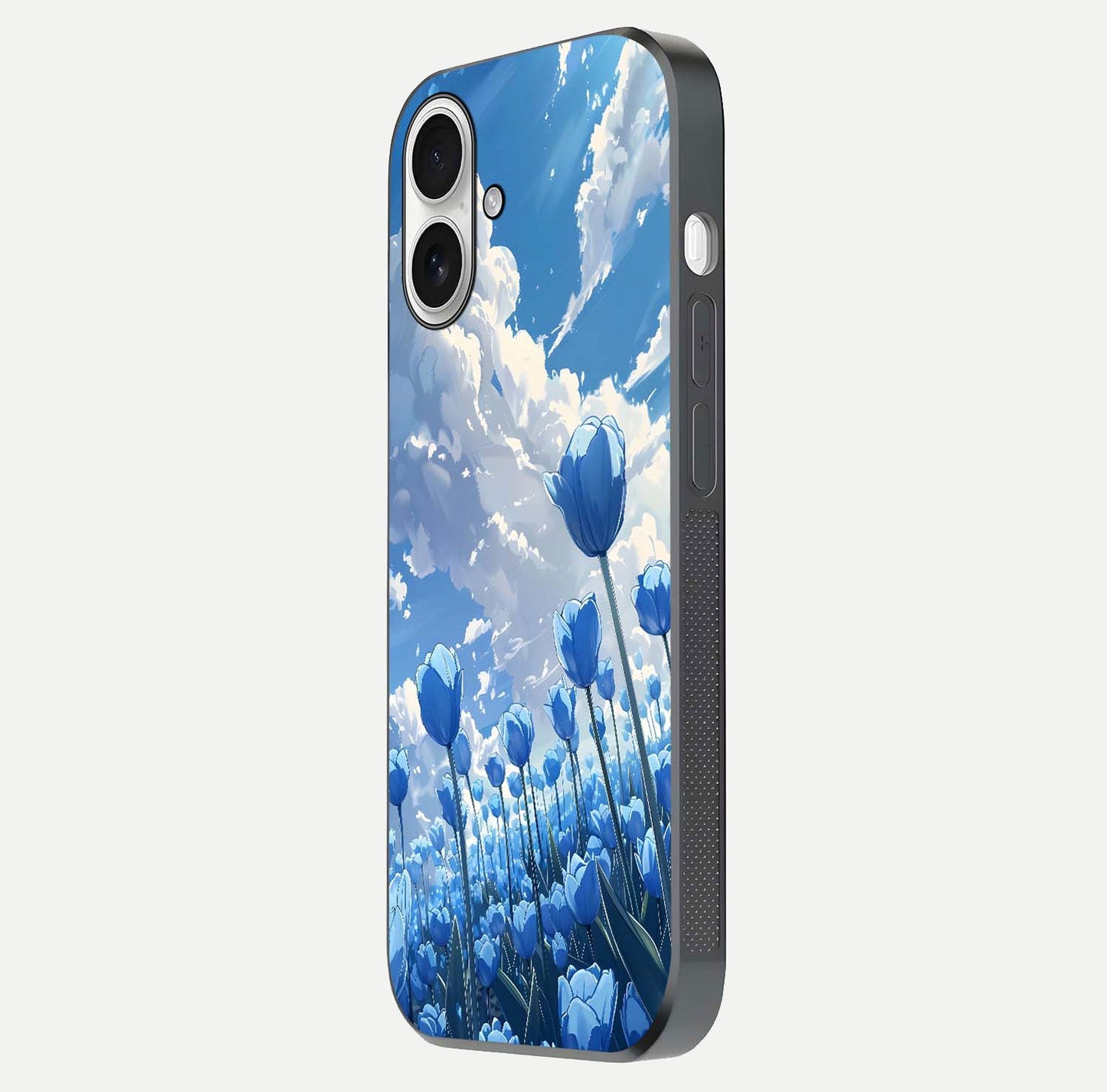 Blue Tulip Clouds Glass Case for iPhone 17 side-angle image showing edge curve and flower reflection glow