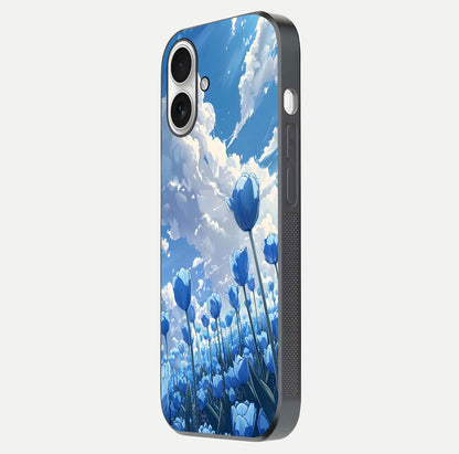 Blue Tulip Clouds Glass Case for iPhone 17 side-angle image showing edge curve and flower reflection glow