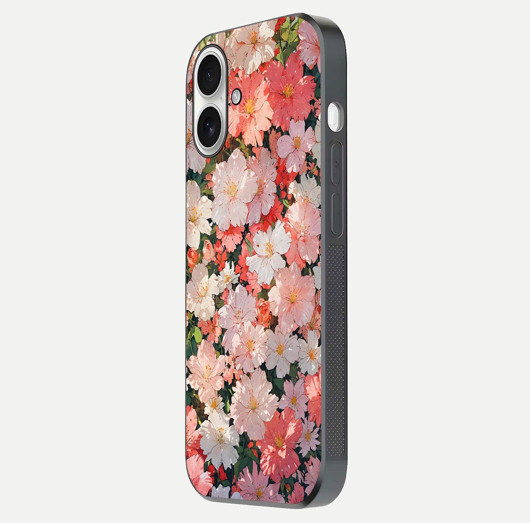 Blush Bloom Field Glass Case for iPhone 17 side-angle image showing petal pattern gloss and smooth edges