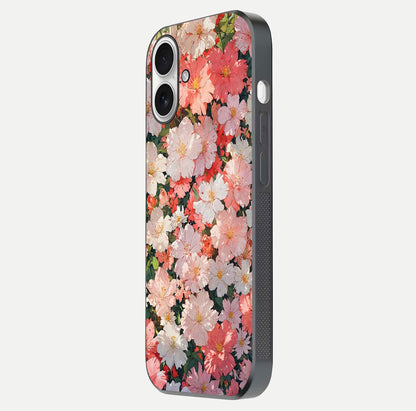 Blush Bloom Field Glass Case for iPhone 17 side-angle image showing petal pattern gloss and smooth edges