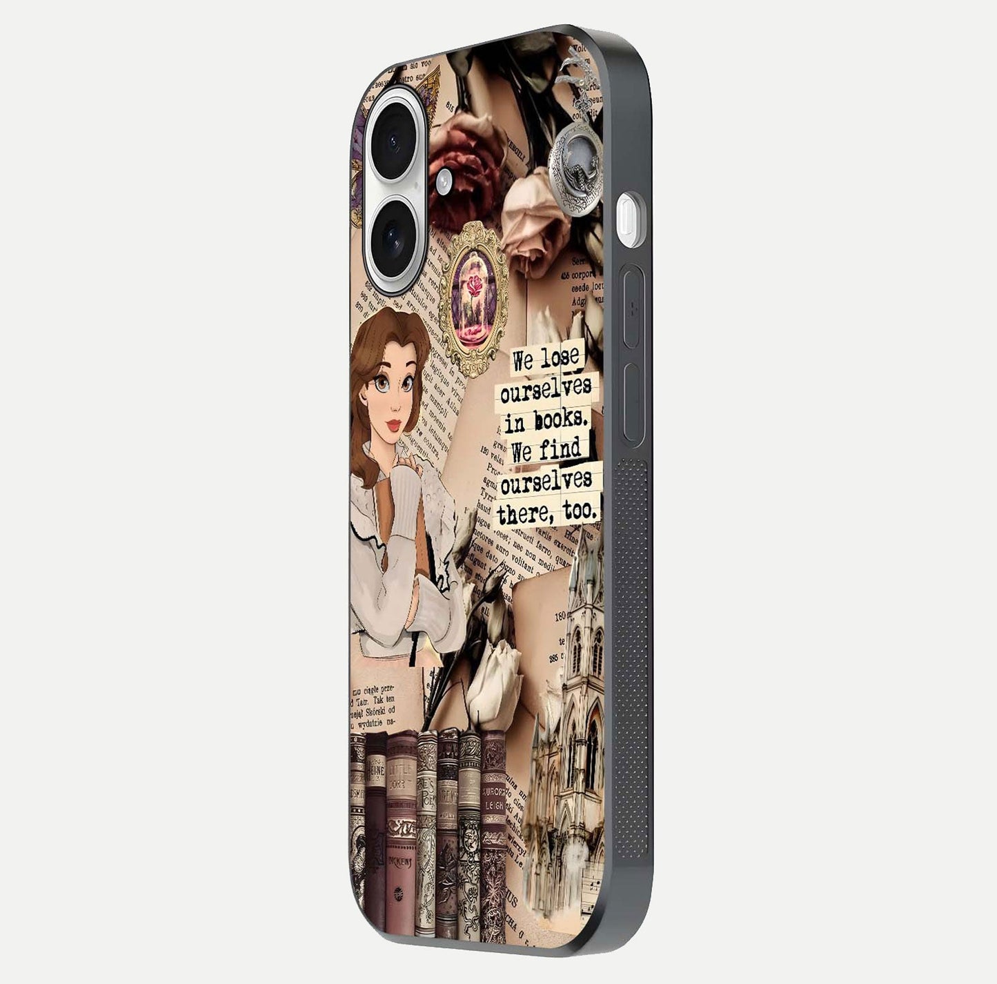Bookish Dream World Glass Case for iPhone 17 side-angle image showing detail depth and smooth corner polish