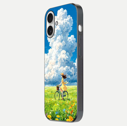 Breezy Meadow Ride Glass Case for iPhone 17 side-angle image showing floral details and edge glow