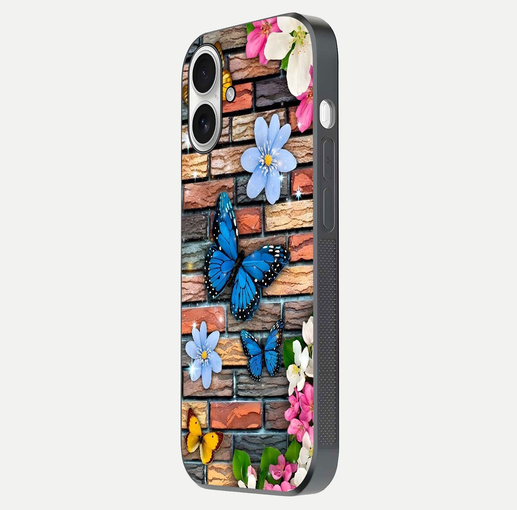 Brick Bloom Flight Glass Case for iPhone 17 side-angle photo showing curve shine and detailed petal contrast