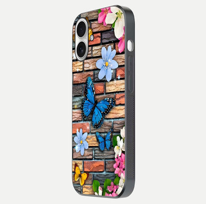 Brick Bloom Flight Glass Case for iPhone 17 side-angle photo showing curve shine and detailed petal contrast