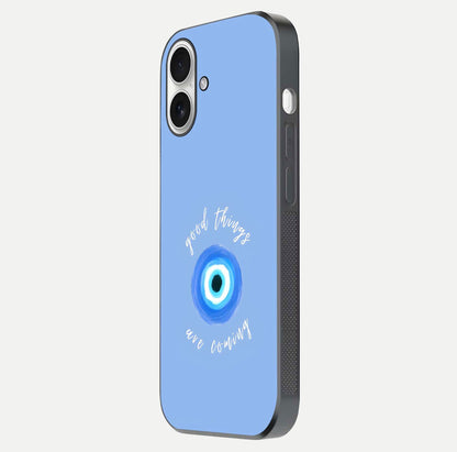 Bright Future Ahead Glass Case for iPhone 17 side-angle image displaying edge smoothness and reflective surface