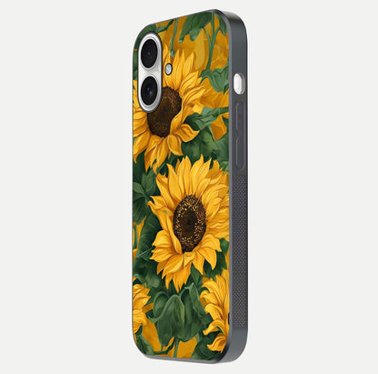 Bright Sunflower Bloom Glass Case for iPhone 17 side-angle image showing shine texture and detailed bloom