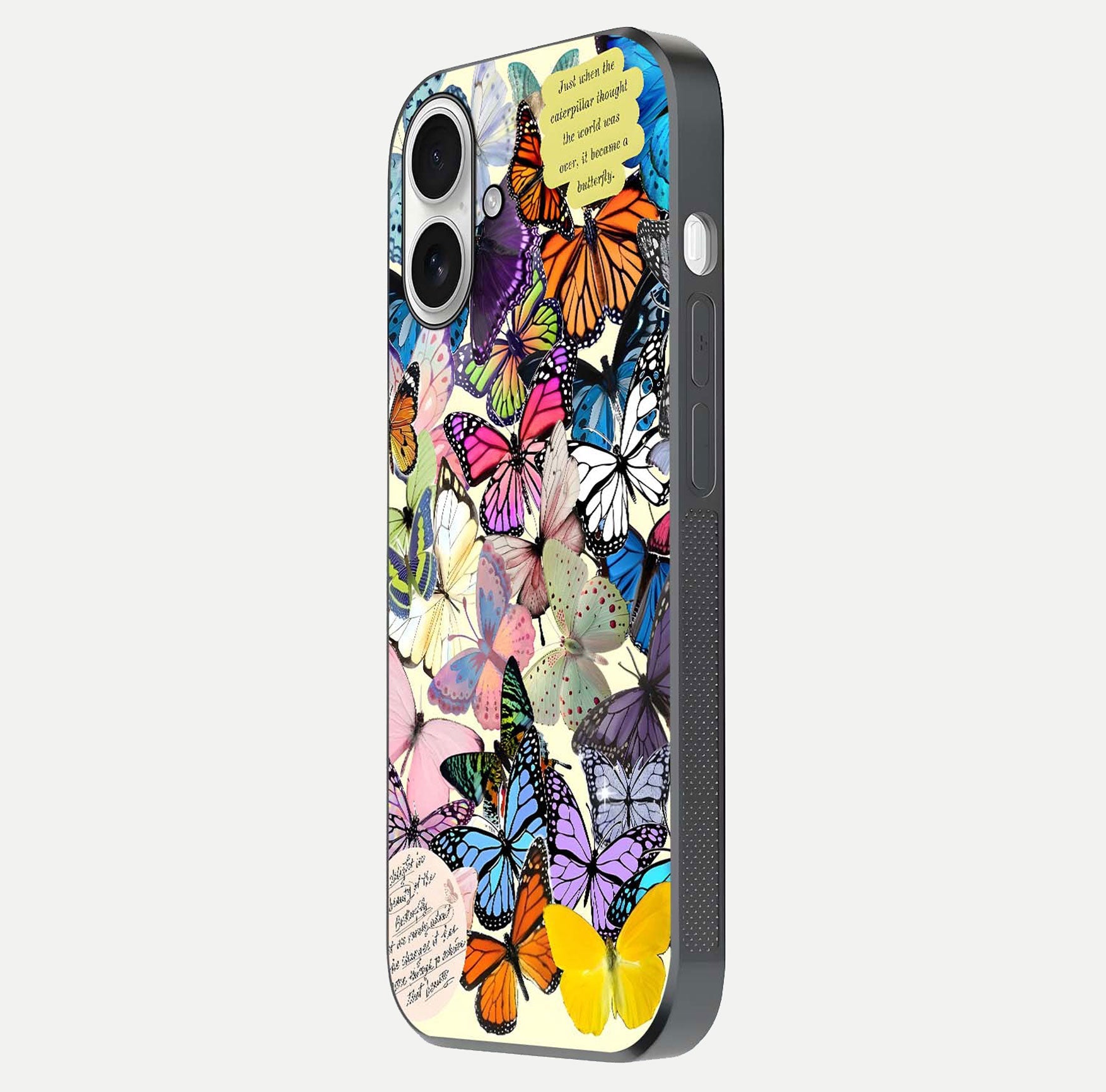 Butterflies Petal Dream Glass Case for iPhone 17 side-angle shot showing butterfly motion and curved edges
