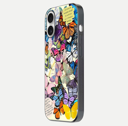 Butterflies Petal Dream Glass Case for iPhone 17 side-angle shot showing butterfly motion and curved edges