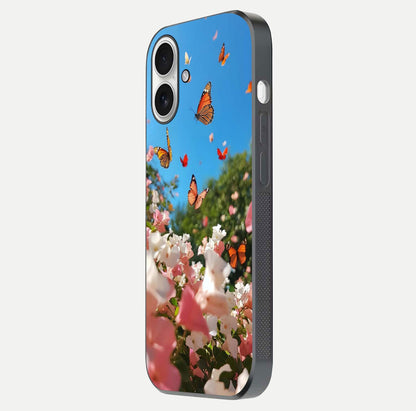 Butterflies in Bloom Sky Glass Case for iPhone 17 side-angle image showing delicate details and gloss polish