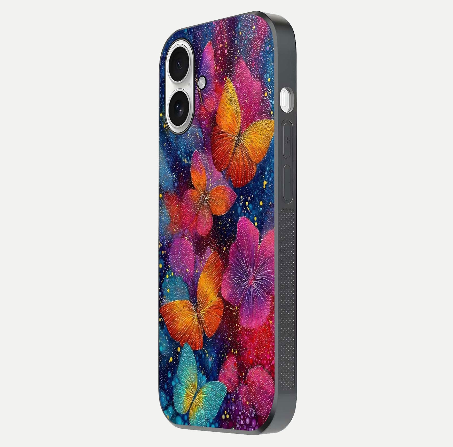 Butterfly Dream Mist Glass Case for iPhone 17 side-angle image showing soft gradient and reflective glow