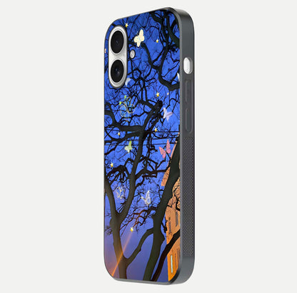 Butterfly Night Magic Glass Case for iPhone 17 side-angle view capturing butterfly contrast and glossy depth