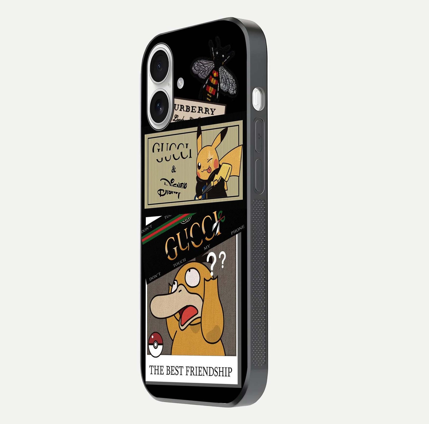 Cartoon Brand Play Mashup Glass Case for iPhone 17 side-angle image showing reflection brightness and fun graphic mix