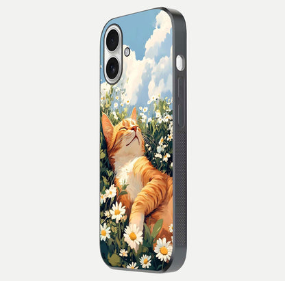 Cat & Flowers View Glass Case for iPhone 17 side-angle image capturing cat print clarity and gloss tone