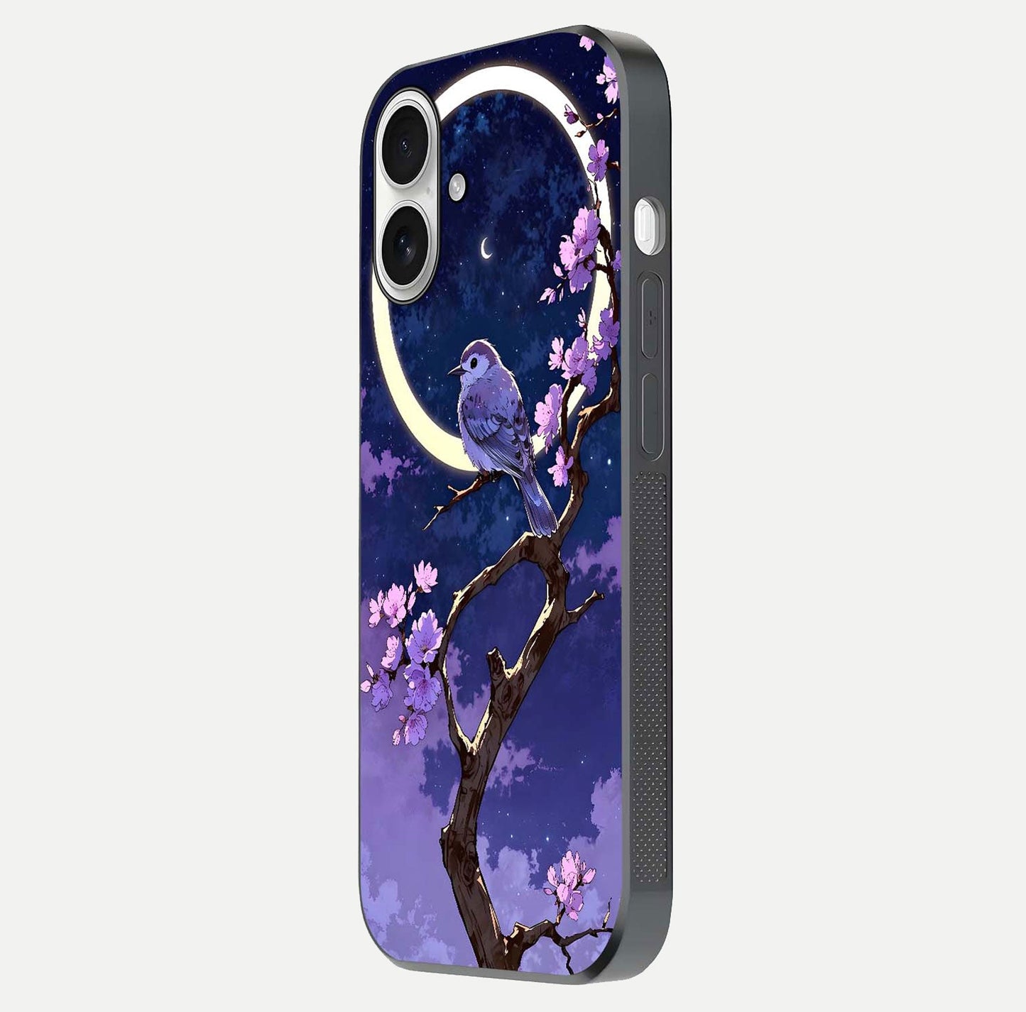 Celestial Bird Blossom Glass Case for iPhone 17 side-angle image showing detailed wings and glossy polish