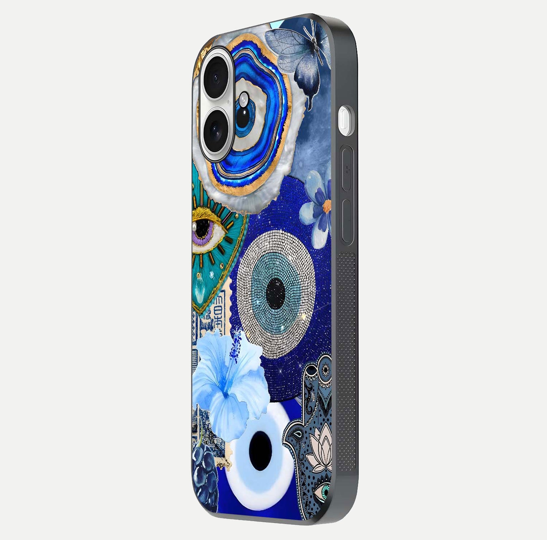 Celestial Blue Vision Glass Case for iPhone 17 side-angle image capturing starlight shimmer and glass reflection