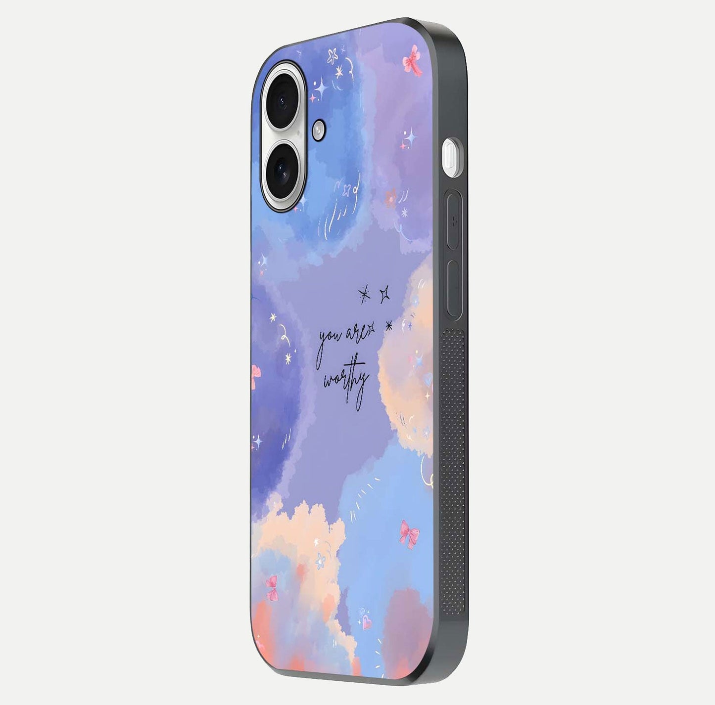 Celestial Cloud Magic Glass Case for iPhone 17 side-angle photo showing edge reflection and dreamy texture