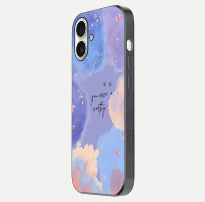 Celestial Cloud Magic Glass Case for iPhone 17 side-angle photo showing edge reflection and dreamy texture