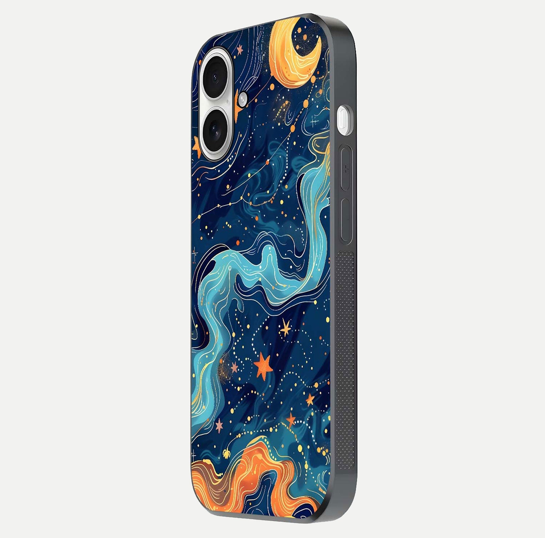 Celestial Dream Flow Glass Case for iPhone 17 side-angle image capturing color swirl and glass reflection