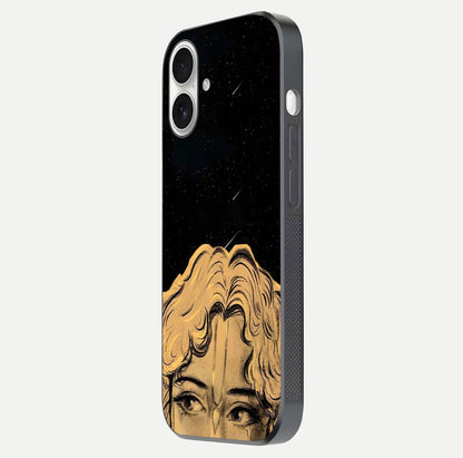 Celestial God’s Plan Glass Case for iPhone 17 side-angle image showing gloss, camera frame, and cosmic tones