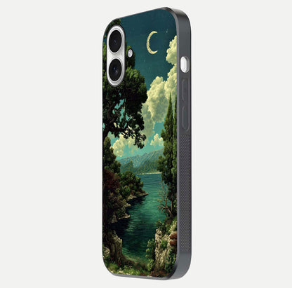 Celestial Lake Peace Glass Case for iPhone 17 side-angle image displaying reflective glow and gentle edges