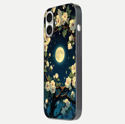 Celestial Moon & Flower Glass Case for iPhone 17 side-angle image showing edge smoothness and glow reflection