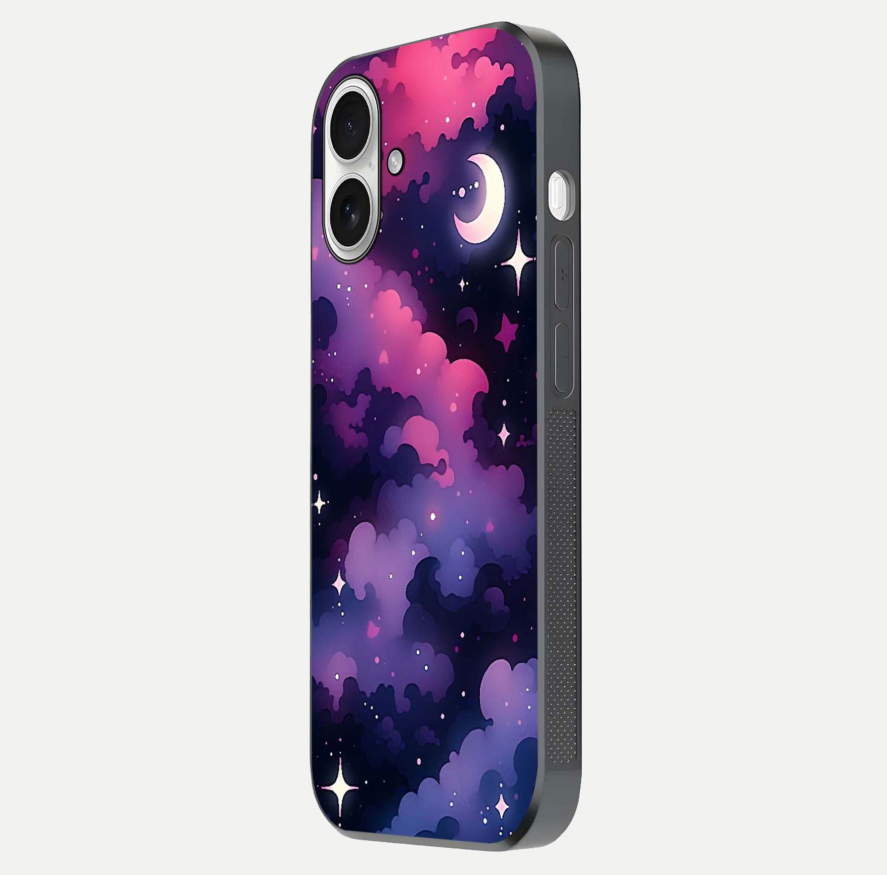 Celestial Moon Magic Glass Case for iPhone 17 side-angle shot capturing soft reflection and curved gloss