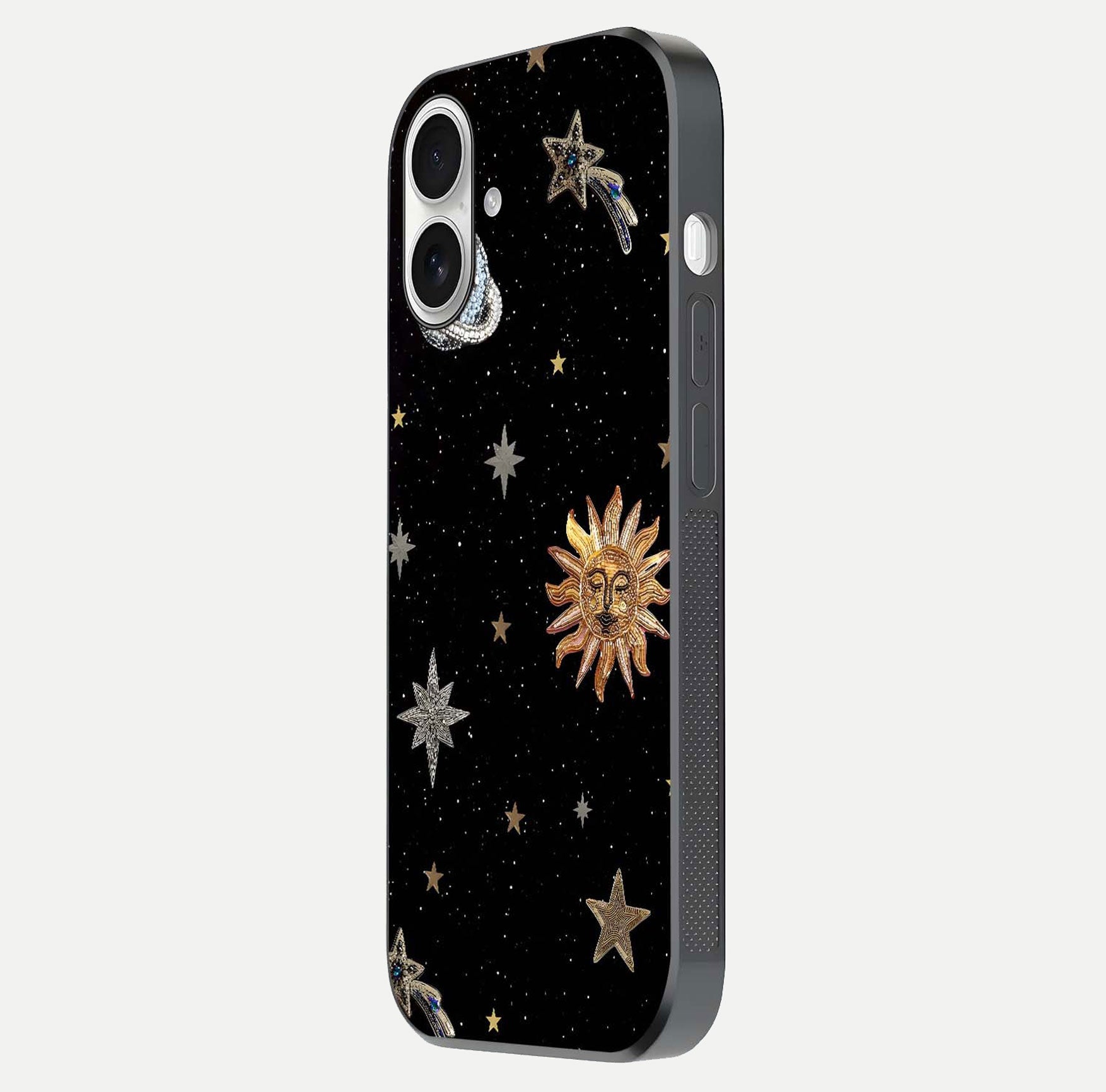Celestial Moon With Stars Glass Case for iPhone 17 side-angle view showing curved edges and shimmer glow