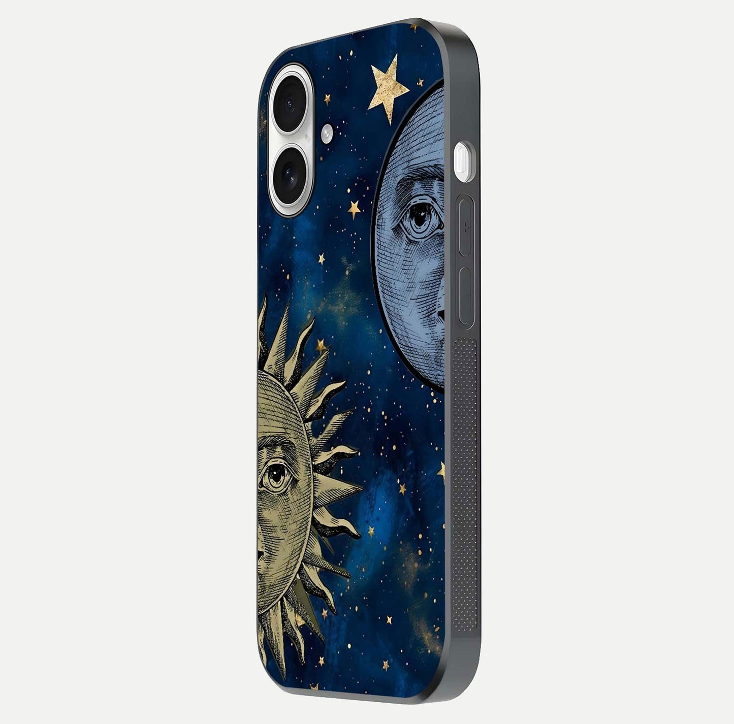 Celestial Moon With Sun Glass Case for iPhone 17 side-angle image showing reflection tones and cosmic edge