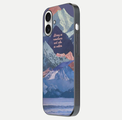 Celestial Mountain Calm Glass Case for iPhone 17 side-angle image capturing mountain detail and shine gradient