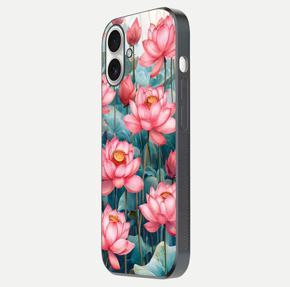 Celestial Pink Lotus Glass Case for iPhone 17 side-angle image showing reflective shine and petal curve